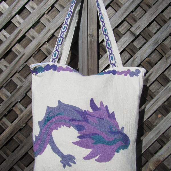 Market Bag Hand Embroidered Purple Dragon