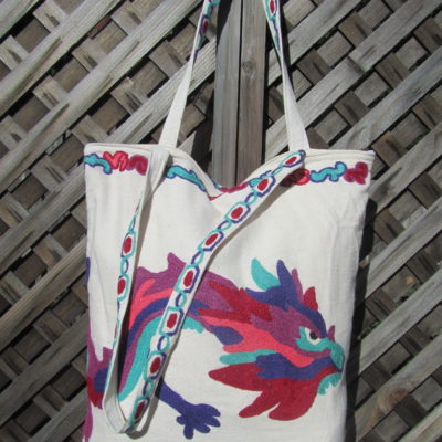 Market Bag Hand Embroidered  Magenta Dragon